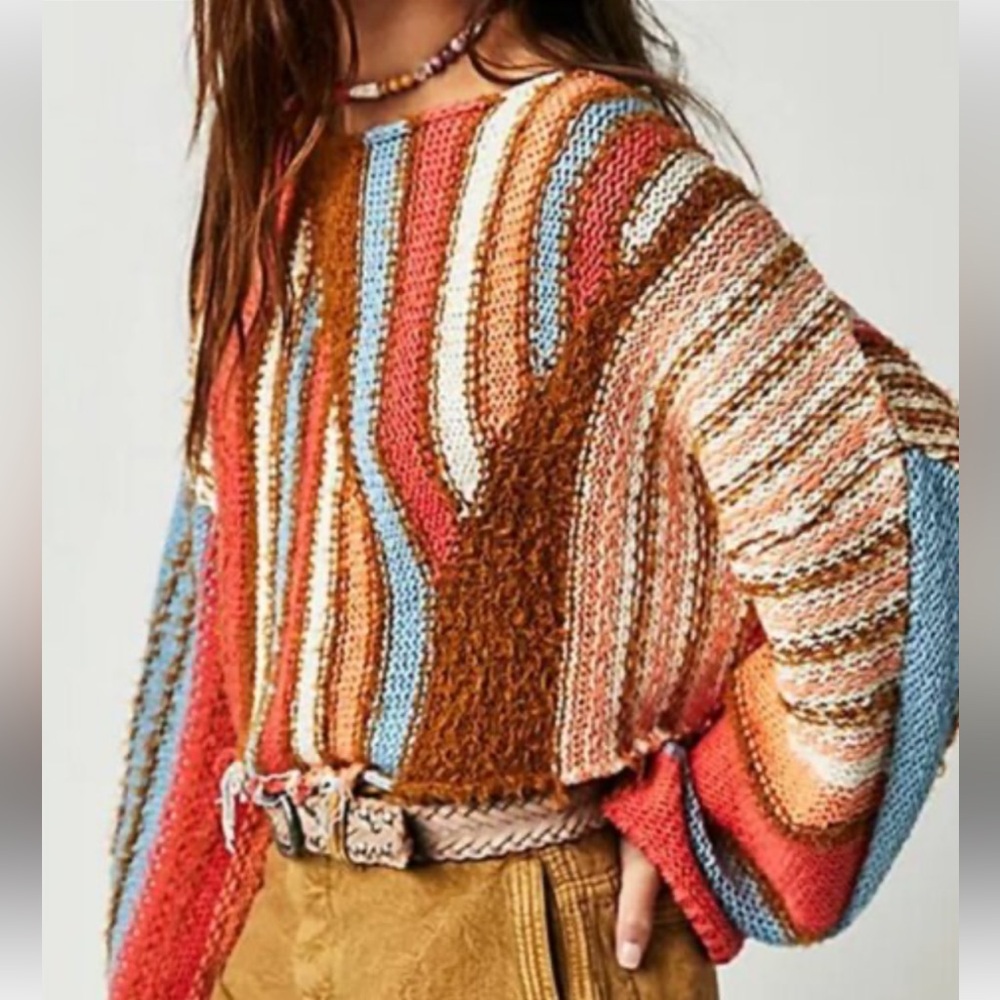 Free People Baja boxy stripe knit fringe sweater S-P CROPPED Brown Blue Beachy